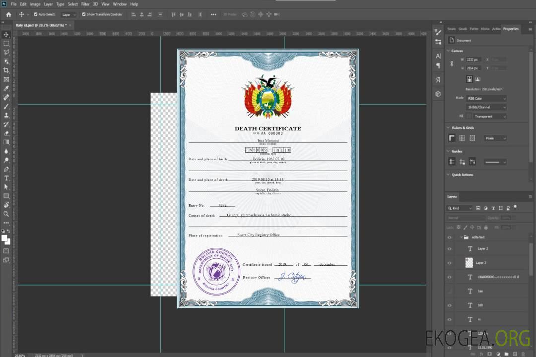Modèle PSD de certificat de décès en Bolivie template Modèle PSD de certificat de décès en Bolivie template